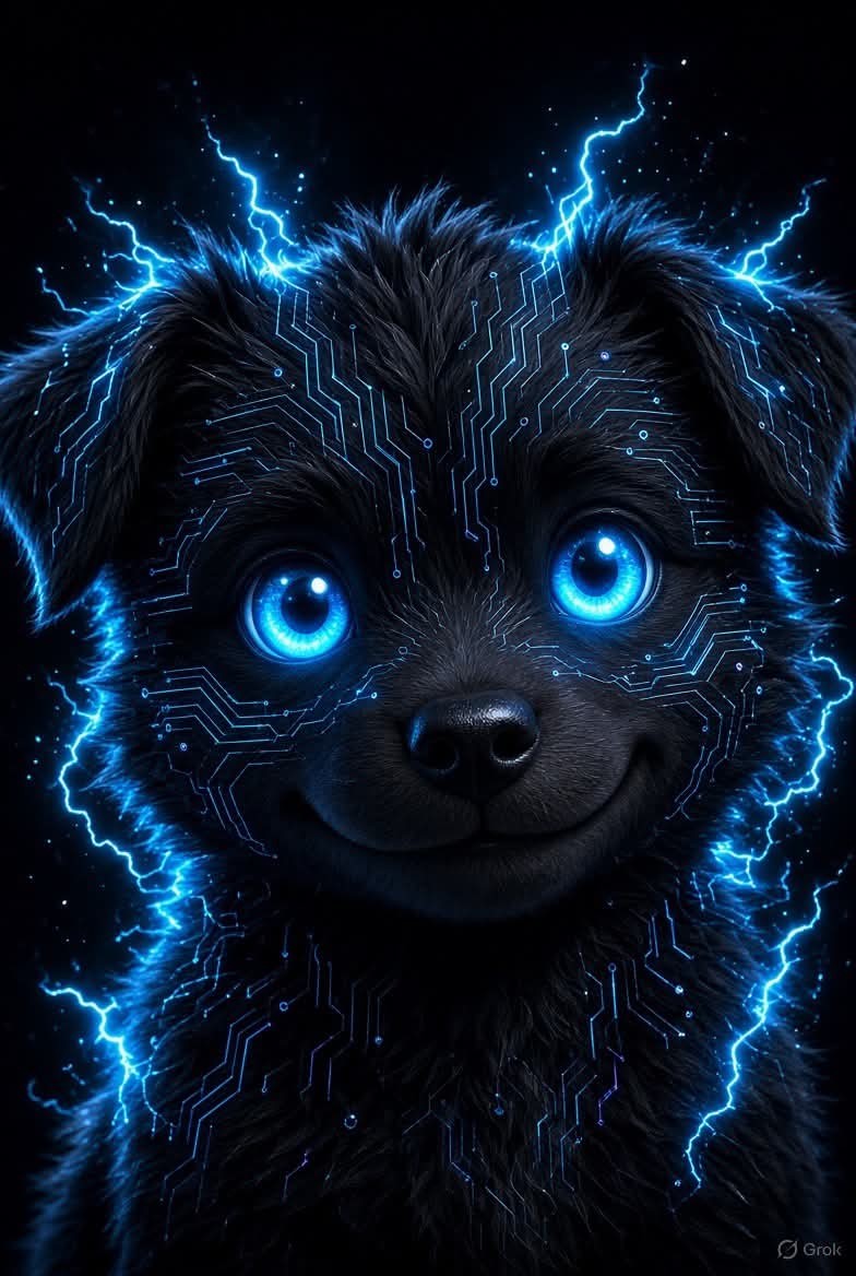 Close-up of the $ARCPUP cyber pup with glowing blue eyes