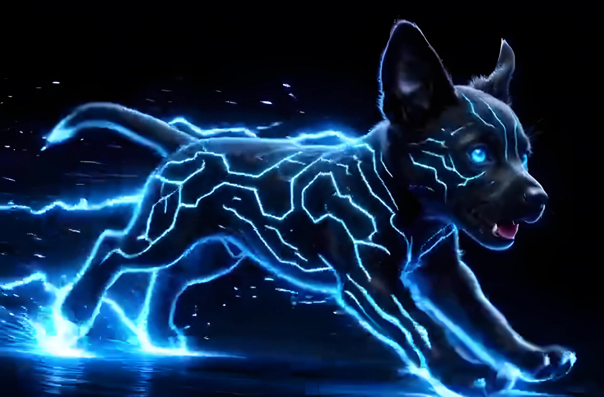 Cybernetic pup sprinting with electric blue sparks